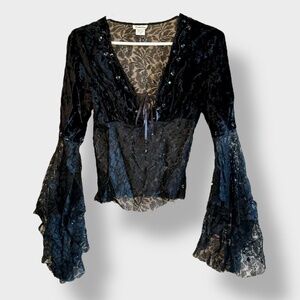 VTG 90s Y2K Charlotte Russe Black Velvet Lace Top Large Bell Sleeve Babydoll SML